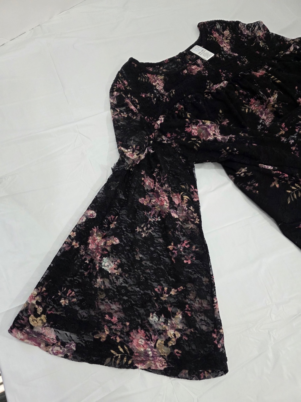 Time and Tru Black Floral Lace Bell-Sleeve Blouse - Picture 7 of 9